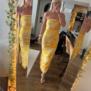 SHEIN Yellow Tie-Dye Strapless Dress